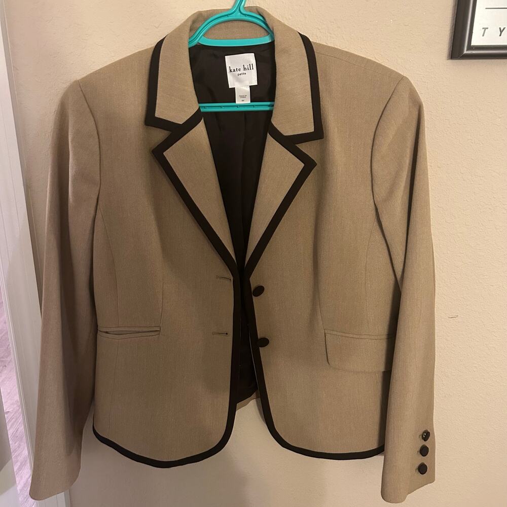 Kate Hill Petite Blazer Jacket Tan Beige Black Trim Lined Career Size Petite 14P